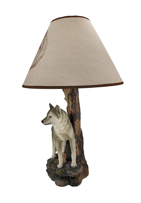 Gray Wolf Table Lamp With Rock Base And Tree Detail, 20 Inch Tall Resin Accent Lighting For Living Room Or Den, Cozy Cabin Vibe
