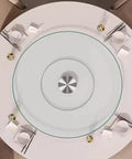 Twenty Seven Inch Tempered Glass Lazy Susan Round Kitchen Turntable Buttery Smooth Swivel Rotating Tray Clear Non Scratch Glide Heavy Duty Dining Setup on table.