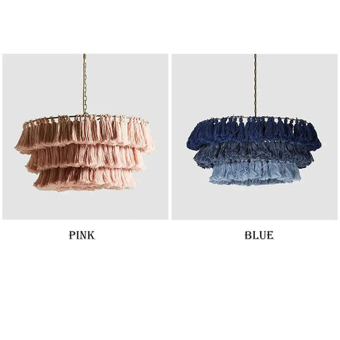 Cozy Chic Modern Tiered Pendant Light With Tassel Shade, Hand Woven Fabric Rope Hanging Lamp, Pink 12 Inch, UL Listed Ceiling Fixture