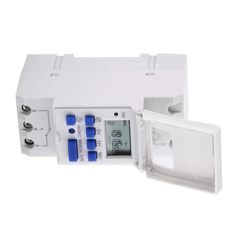 Weeklong Programmable Timer Relay With 16 On Off Schedules 110V 15A 3000W Digital Time Switch LCD Display open showing buttons