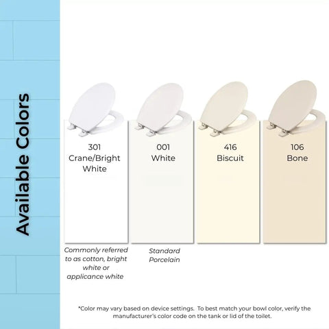 Color options for Round Toilet Seat Built Tough With Heavy-Duty Wood Core And Scratch-Resistant Plastic Finish, Home-Use, Made In USA
