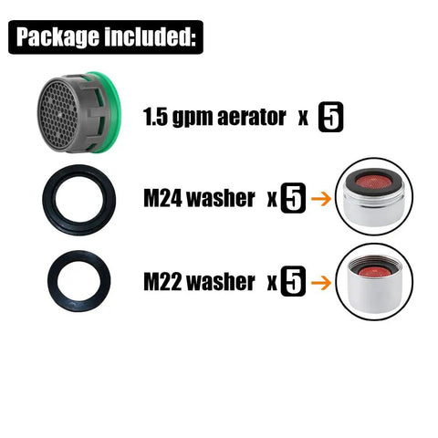 Package contents of Must Have 1.5 GPM Faucet Aerator Replacement Pack With Flow Restrictor Inserts For Kitchen And Bathroom, 5 Pack FAN15P5