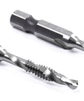 All Purpose Combination Drill And Tap Bit Set Hex Shank HSS Steel showing drill and tap bits in close-up detail.