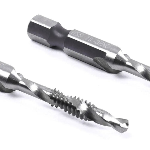 All Purpose Combination Drill And Tap Bit Set Hex Shank HSS Steel showing drill and tap bits in close-up detail.