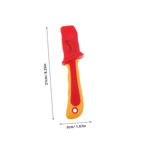 Heavy Duty Wire Stripper With Thick Insulated Handles Top Shelf Electrical Wire Cutter and Precision Stripping Tool Universal Pro Powerhouse For Tradesmen in red and yellow with measurements.