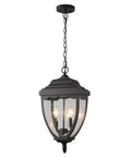 Outdoor Pendant Light Fixture For Porch And Entryway In Black Finish With Seeded Glass Lantern Chandelier, front view