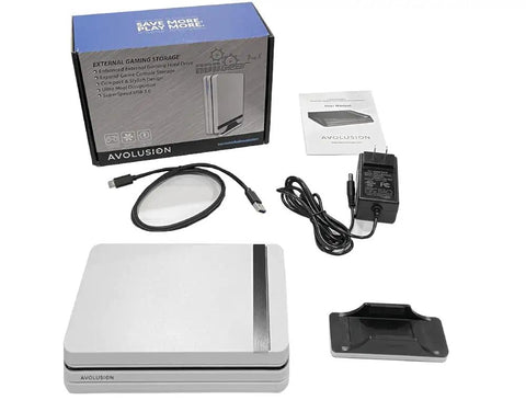 Pro X 8TB USB 3.0 External Gaming Hard Drive For PS5 And PS4 Console With 7200RPM Enterprise HDD, Built For 24 Seven Play, High Capacity Expandable Storage For Next Gen And Legacy Games. Boxed set with drive, USB cable, power adapter, manual, and dock.