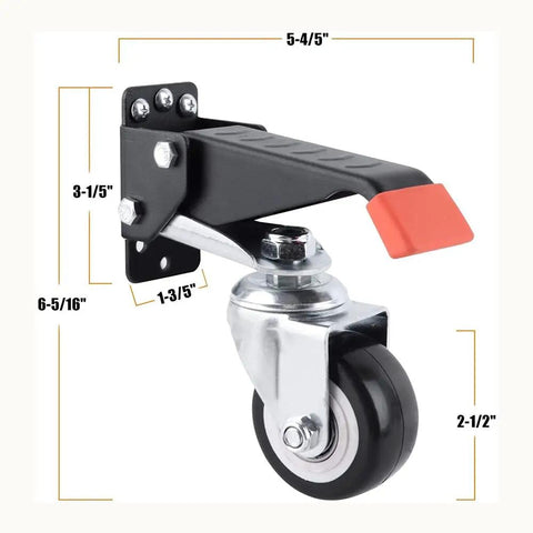 Heavy Duty Retractable Workbench Caster Wheels 2 Piece Set For Machinery Tables Shop Benches with a red foot pedal and metal base.