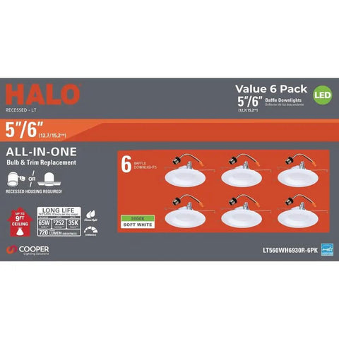 Box of Six Pack LED Recessed Light Retrofit Kit For 5 Inch Or 6 Inch Fixtures, 3000K Warm White, 600 Lumens, Wet Location