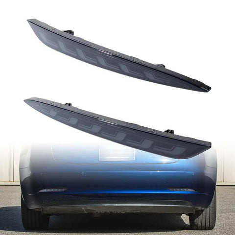 Straight Up Plug And Play Sequential Led Tail Lights For 2017 Through 2022 Tesla Model 3 Rear Bumper Brake Run Stop Lamp Dual Turn Signal Pair Smoke Finish, displayed mounted on vehicle.