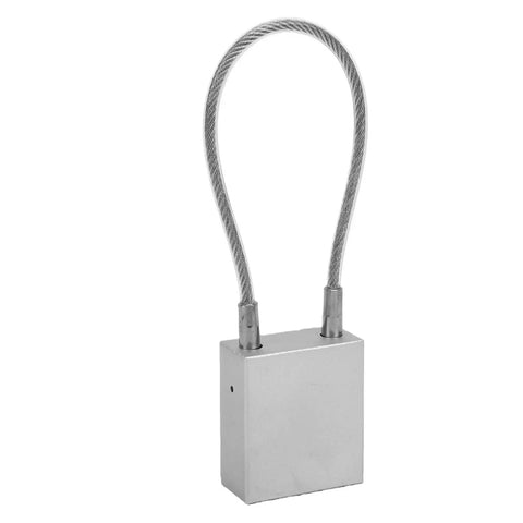 Beefy Heavy Duty Steel Cable Padlock With 85mm Shackle, Aluminum Alloy Body, PVC Coated Steel Cable shown in close-up.