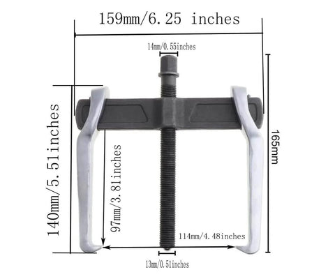 Heavy Duty 2 Jaw Puller With Single Hook Lifting Tool, Chrome Vanadium Steel Construction; dimensions 6.25x5.5 inches.