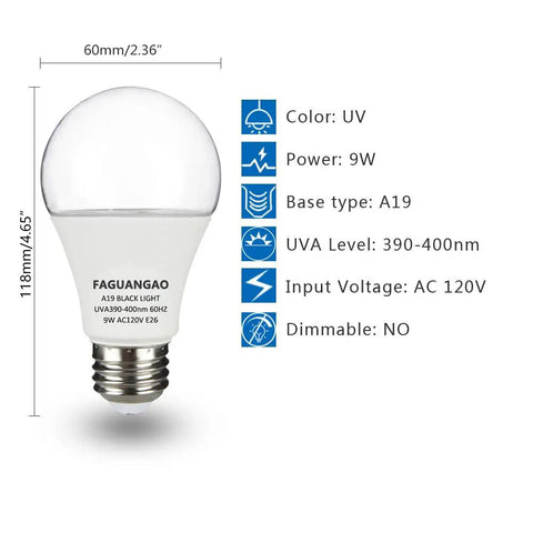 Diagram showing LED Black Light Bulbs 6 Pack 9W Equivalent 75W A19 UV 390 To 400nm Glow In The Dark 120V E26 Medium Base Not Dimmable