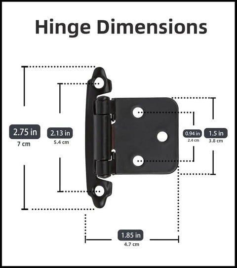 Dimensions of Oil Rubbed Bronze Cabinet Hinges For Kitchen And Bath, Self-Closing Half Inch Overlay Flush Mount detailed in image.