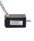 Micro stepper motor, black NEMA 8 bipolar with four colored wires and metal shaft, side view.