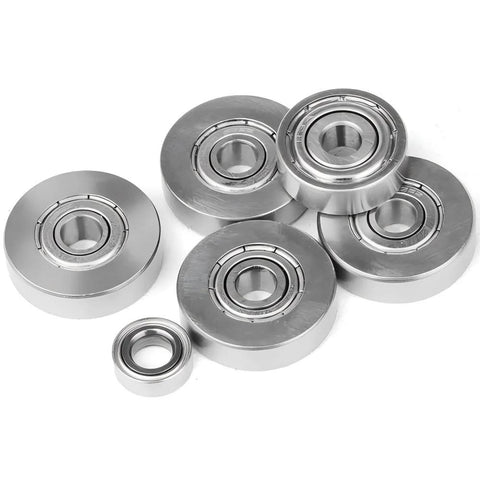 Chrome metal replacement bearings set for rabbet router bits; inner 3/16" and outer 3/8"–1-1/8" sizes.