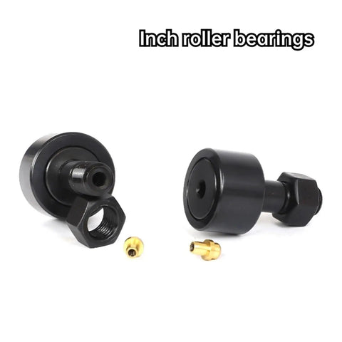 Heavy Duty Spherical Cam Follower Bearing Featuring Rock Solid Black Oxide Coated Alloy Steel Construction With Drop In Ready Cr10r Dimensions for Pro Shop Needle Roller Yoke Upgrades, showing two black inch roller bearings.