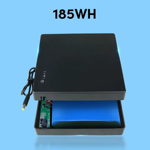 Compact Mini UPS Battery Backup For 12 Volt Routers Cameras And Speakers Emergency Standby Power Supply, showing black unit with blue lithium cell.