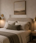 Mid Century Modern Brass Wall Sconces Set of 2, Brass Wall Light Fixtures on either side of a cozy bed in a neutral bedroom.