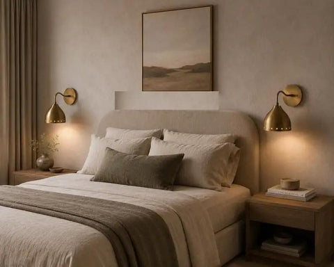 Mid Century Modern Brass Wall Sconces Set of 2, Brass Wall Light Fixtures on either side of a cozy bed in a neutral bedroom.