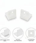 L Shaped Corner Brackets Set Of 50 White Iron Right Angle Supports For Furniture Assembly Cabinets Shelf Braces And Drawers Reinforcement With Powder Coated Finish Each Bracket Measures 2.6 By 2.6 Inches, showing two white brackets with screw holes