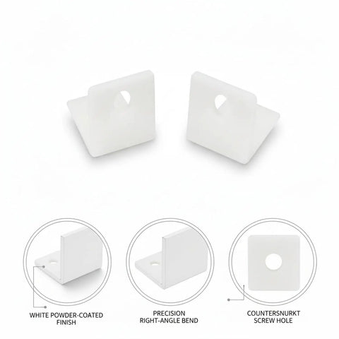L Shaped Corner Brackets Set Of 50 White Iron Right Angle Supports For Furniture Assembly Cabinets Shelf Braces And Drawers Reinforcement With Powder Coated Finish Each Bracket Measures 2.6 By 2.6 Inches, showing two white brackets with screw holes