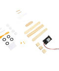Electric Wood Glider Aircraft Model Kit For Kids 7 And Up components including wood, plastic, metal parts, and motor layout.