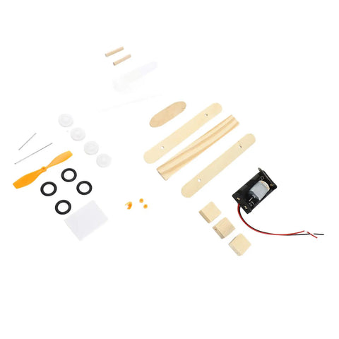 Electric Wood Glider Aircraft Model Kit For Kids 7 And Up components including wood, plastic, metal parts, and motor layout.