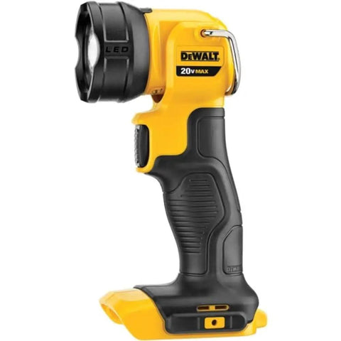 20V Max LED work light and flashlight with 110 lumen output, rotating head, and built-in hook for hands-free use, side view