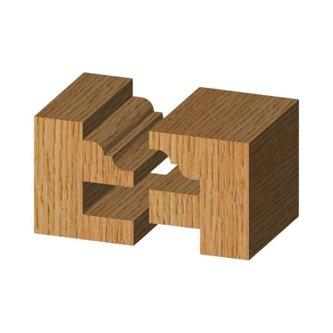 Wood cutout showing interlocking joint made with Pro Grade Classical Pattern Full Size Stile And Rail Router Bit With Three Eighths Inch Reveal Width Seven Eighths Inch Cutting Length One Half Inch Shank One And Five Eighths Inch Large Diameter Compatible With One Half Inch Collets.