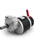 Angled side view of 24V geared brush motor with electromagnetic brake, 17mm axle, red lever