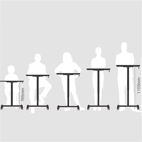 Height adjustable silhouettes showing the Fully Adjustable Rolling Laptop Stand With Rugged Aluminum Frame Convertible Standing Desk Tray.