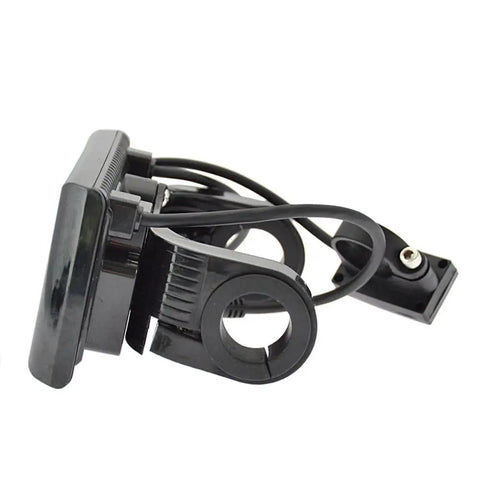 Side view of SW900 LCD Display Electric Bicycle Speedometer And Speed Counter 24 To 72V Wired Meter with clamp and wiring.
