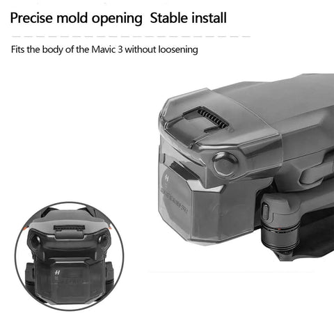 Drone Gimbal Lens Cap With Integrated Protective Cover for Mavic 3, attached showing precise fit and stable installation.