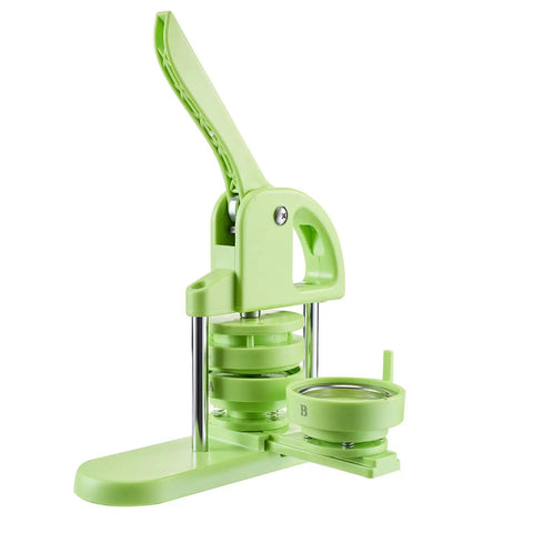 Easy Peasy DIY Button Maker Kit For Badges And Key Chains, 75mm Plastic Pin Press With 100 Button Parts, Green press machine close-up