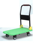 Kickass Heavy Duty Folding Hand Cart With Smooth Rolling 360 Degree Wheels For Quick Hauling Heavy Loads Easy Storage Yard Work Or Jobsite No Sweat Flatbed Trolley, green flatbed cart with black frame.