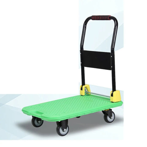 Kickass Heavy Duty Folding Hand Cart With Smooth Rolling 360 Degree Wheels For Quick Hauling Heavy Loads Easy Storage Yard Work Or Jobsite No Sweat Flatbed Trolley, green flatbed cart with black frame.