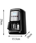 Dual Use Coffee Machine With Built In Bean Grinder And Ground Coffee Capability, barista-grade brewer, black finish, dimensions shown.
