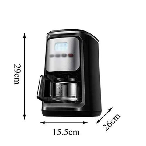 Dual Use Coffee Machine With Built In Bean Grinder And Ground Coffee Capability, barista-grade brewer, black finish, dimensions shown.