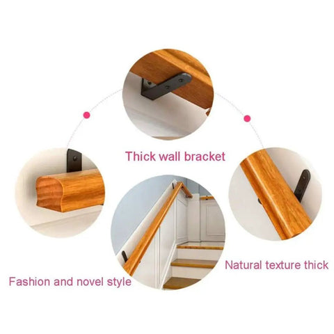 Hella Sturdy Stair Handrail Featuring Non Slip Wood Texture And Rust Resistant Wrought Iron Brackets, wall mounted with thick brackets.