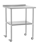 Stainless Steel Prep Table 30 By 30 With Adjustable Undershelf Backsplash And Wheels For Kitchen, Garage, And Outdoor BBQ, front view