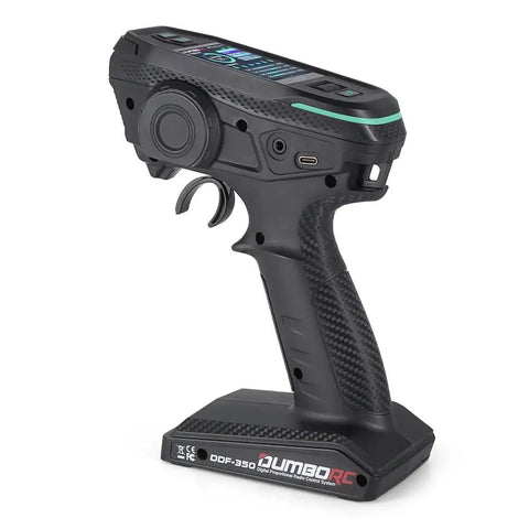 DDF-350 RC Transmitter With Gyro And Digital LCD Screen, 10 Channel Receiver, ergonomic grip, shown from side angle.