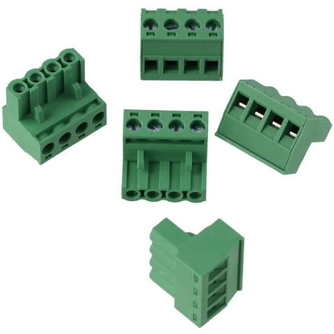 Green 4 Pole PCB Mount Terminal Block Connector Set 5 Pieces Male And Female 4 Pin Phoenix Type 5.08mm Spacing 300V 10A Rating Copper Block UL 94V0 Shell Pro Grade Electronics Wiring Harness.