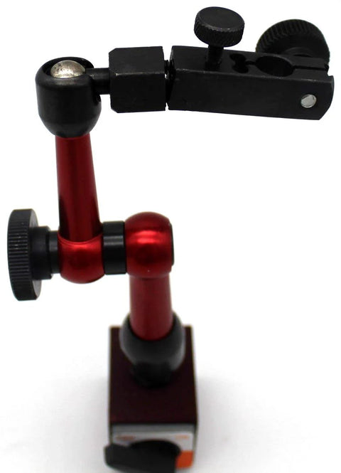 KHCRAFT mini magnetic base indicator holder with red aluminum arms and black clamp, side view