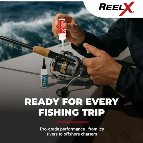 Applying Marine Grade Reel Oil And Grease Kit With Precision Applicators for Bearings on a spinning reel beside waterway