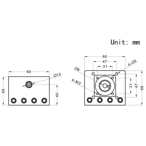 Technical diagram of 100mm Dope Dual Axis Ballscrew SFU1605 With NEMA23 Stepper Motor, showing dimensions and fix holes.