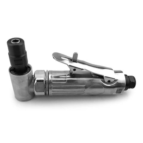 Pro Grade Pneumatic Angled Grinder Kit With Rubber Sanding Discs And 80 Grit Pads Featuring Heavy Duty Steel Build And Ready To Rock Smooth Finishes For One Hand Operation On Any Job Site angle grinder with steel chassis and rubber attachment.