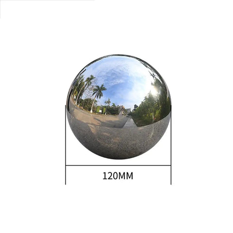 Top Shelf 120Mm 304 Stainless Steel Hollow Sphere With Clean Mirror Polish Finish showing reflective surface and size characteristics.