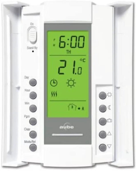 Front view of 7 Day Programmable 240V Electric And Floor Heating Thermostat With Ambient, Floor, Or Ambient With Floor Limits and display screen