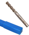End mill, 1/4 inch HSS, 4-flute square-nose, straight-shank CNC bit with blue plastic case